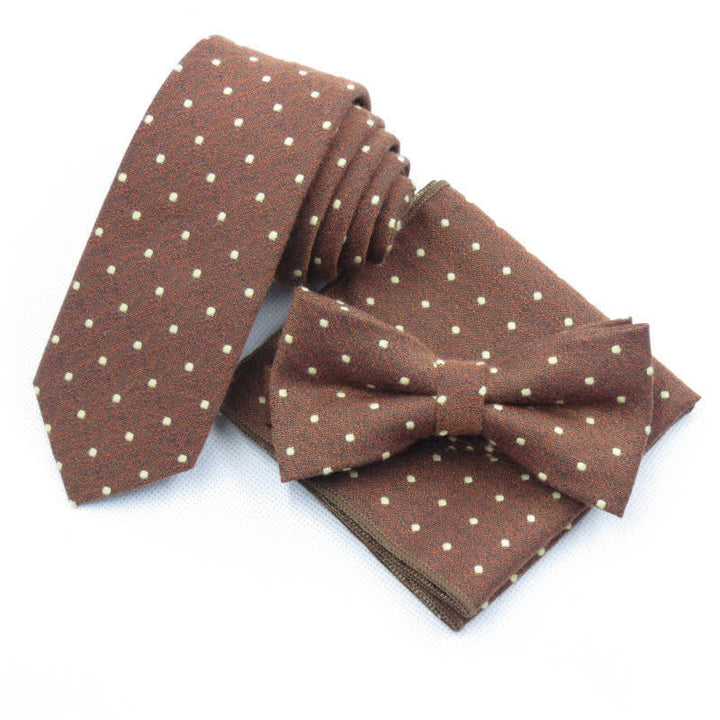 Set di 3 cravatte eleganti a pois da uomo - Marrone - Papillon + Cravatta + Fazzoletto - image 21