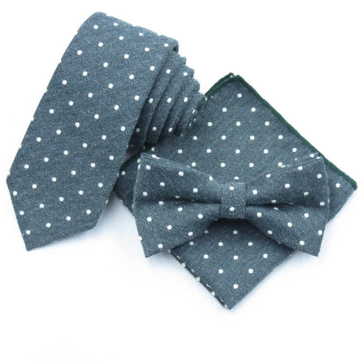 Set di 3 cravatte eleganti a pois da uomo - Verde scuro - Papillon + Cravatta + Fazzoletto - image 32