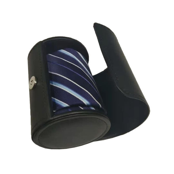 Scatola portacravatte rotonda nera con fibbia magnetica in pelle