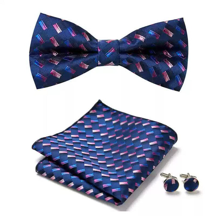 Set di 3 gemelli da taschino con motivo a intreccio blu navy da uomo e papillon