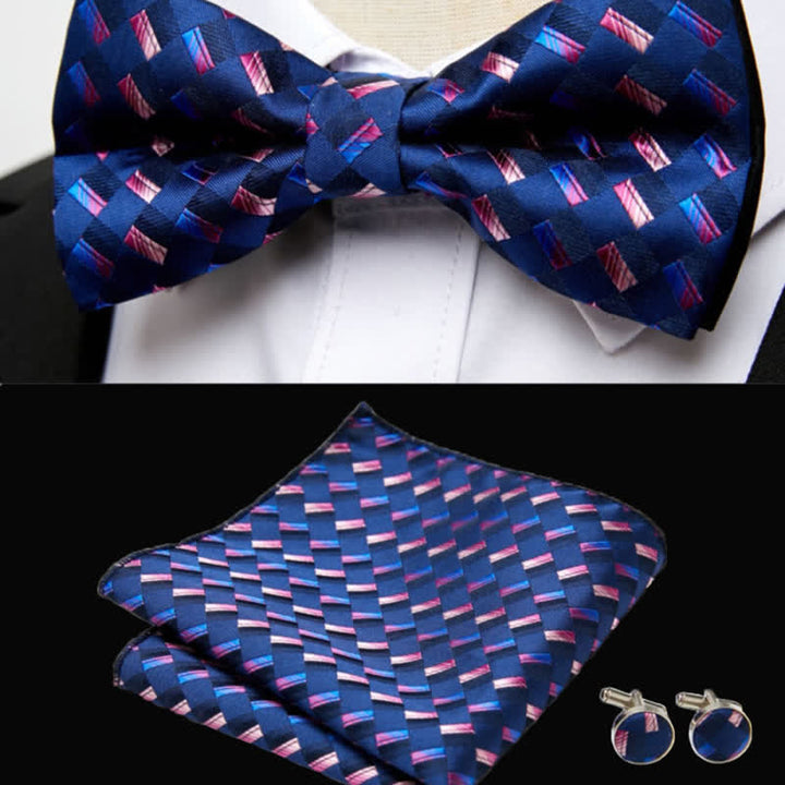 Set di 3 gemelli da taschino con motivo a intreccio blu navy da uomo e papillon - image 1