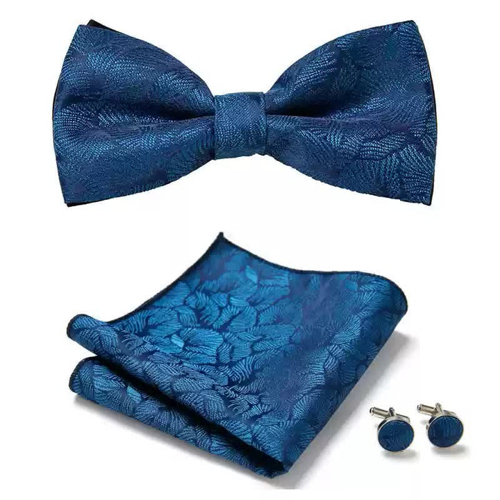 Set di 3 gemelli da taschino con papillon e foglie di palma blu da uomo