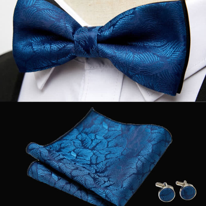 Set di 3 gemelli da taschino con papillon e foglie di palma blu da uomo