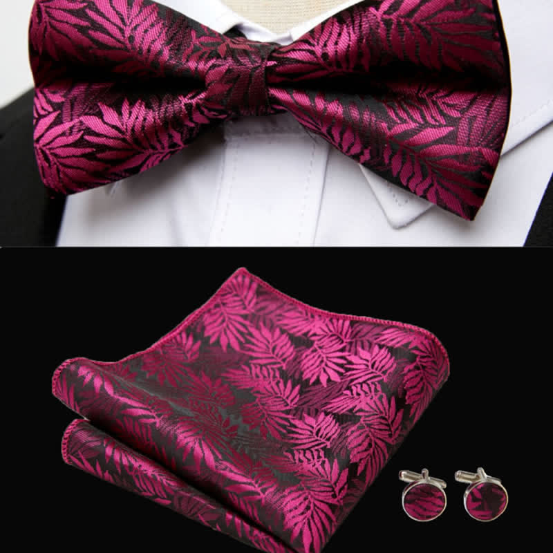 Set di 3 gemelli da taschino con papillon e foglie fucsia da uomo - image 1