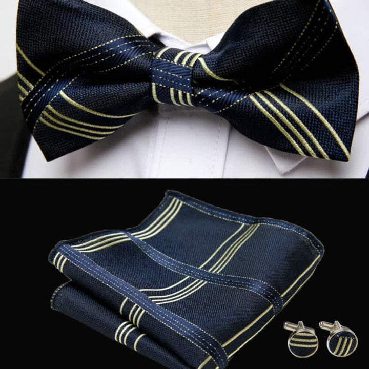 Set di 3 gemelli da taschino con papillon e motivo a quadri blu notte da uomo - image 1