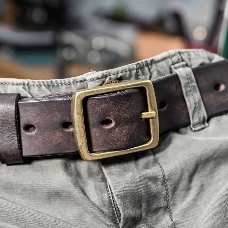 Cintura casual in pelle invecchiata fatta a mano con fibbia in ottone - Marrone scuro - 42 - image 8