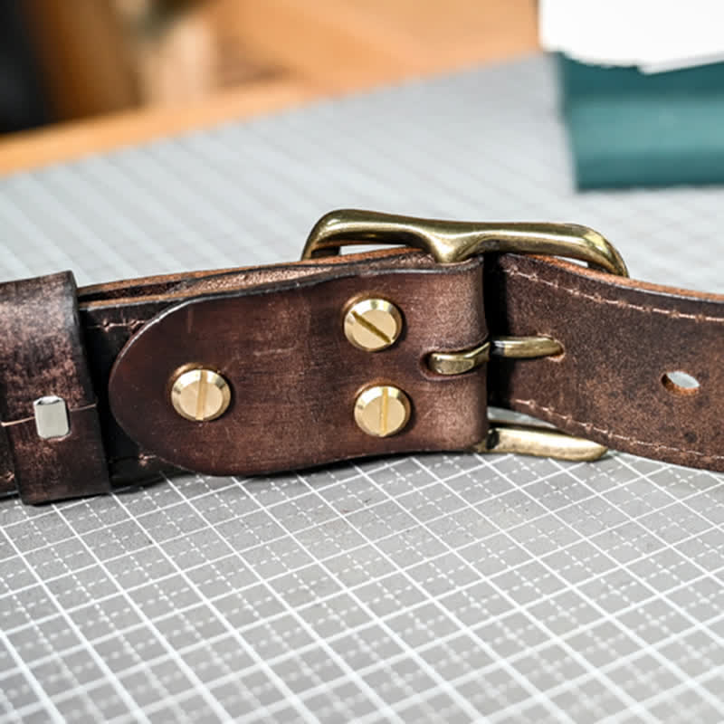 Cintura in pelle con fibbia in ottone anticato retrò e cuciture fatte a mano - image 11
