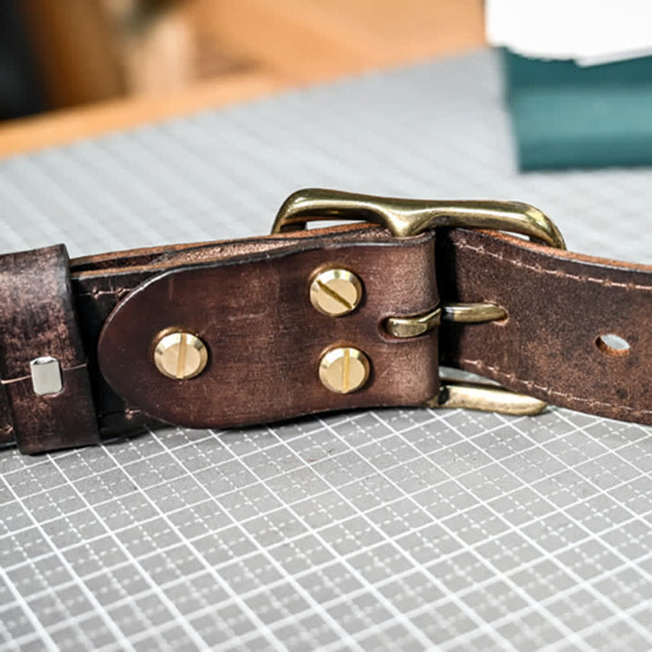 Cintura in pelle con fibbia in ottone anticato retrò e cuciture fatte a mano - image 11