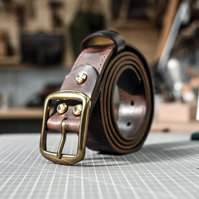 Cintura in pelle con fibbia in ottone anticato retrò e cuciture fatte a mano - image 6