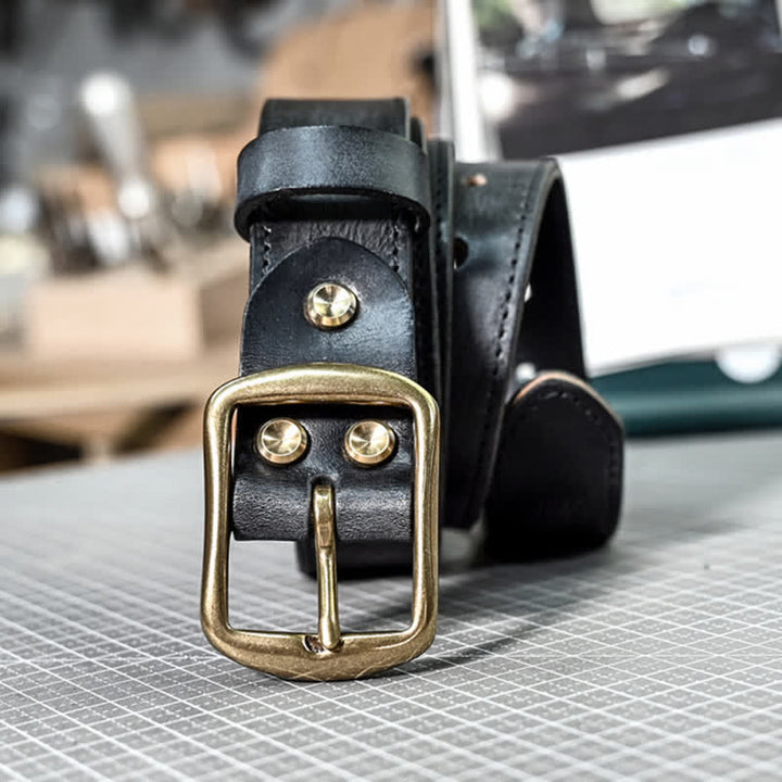 Cintura in pelle con fibbia in ottone anticato retrò e cuciture fatte a mano - Nero - 42 - image 12