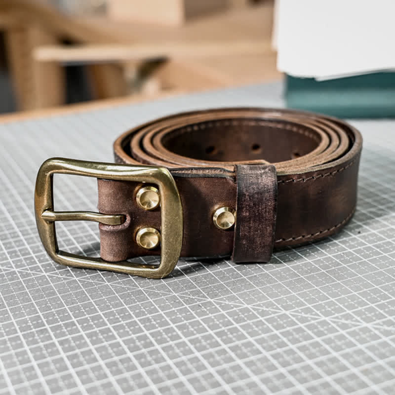Cintura in pelle con fibbia in ottone anticato retrò e cuciture fatte a mano - image 8