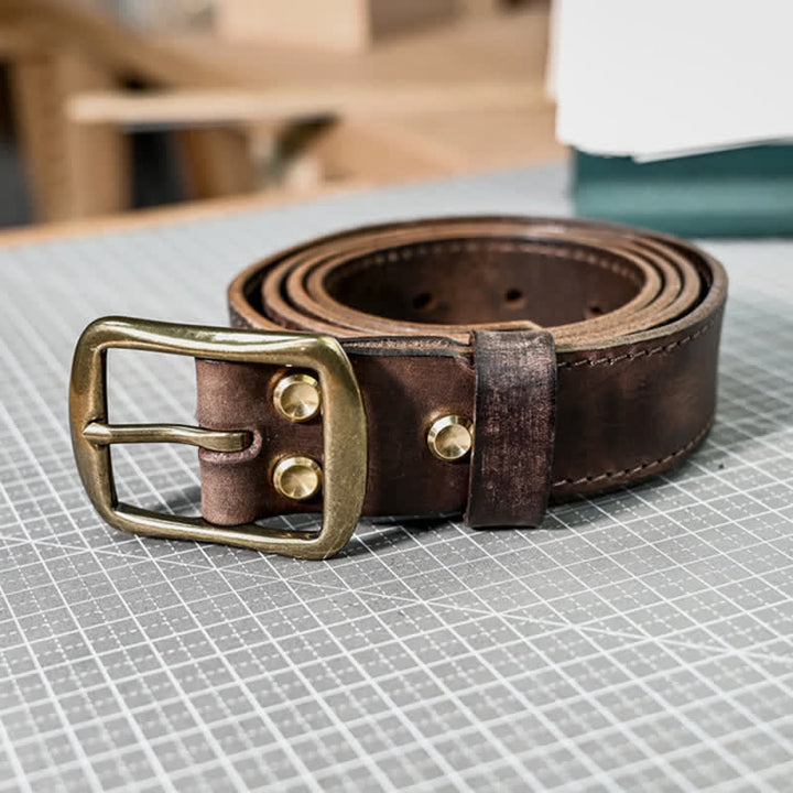 Cintura in pelle con fibbia in ottone anticato retrò e cuciture fatte a mano - image 8