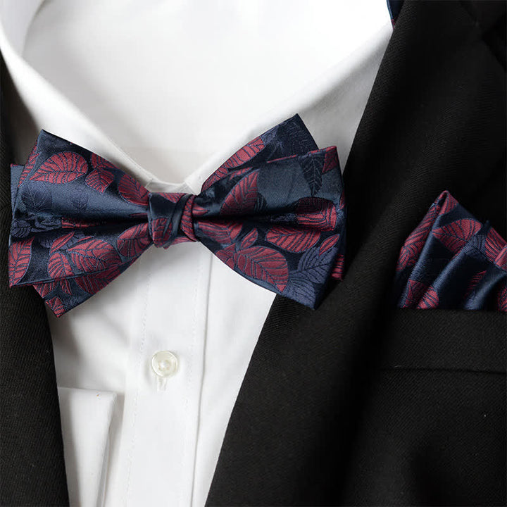 Set di 2 papillon a doppio strato con fazzoletto da taschino elegante da uomo con motivo floreale