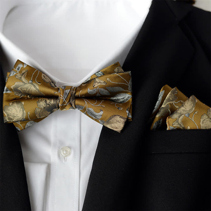 Set di 2 papillon a doppio strato con fazzoletto da taschino elegante da uomo con motivo floreale