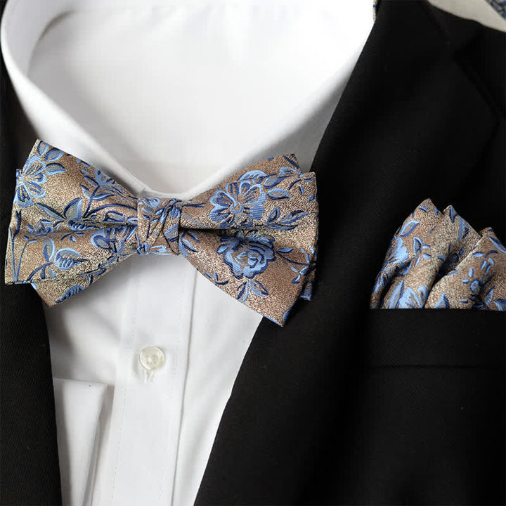 Set di 2 papillon a doppio strato con fazzoletto da taschino elegante da uomo con motivo floreale