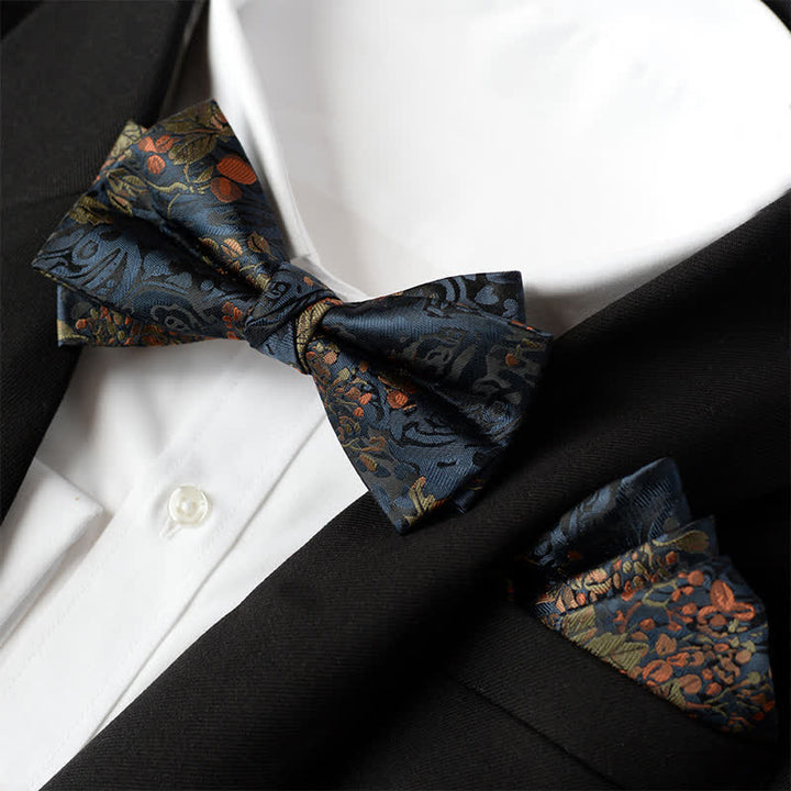 Set di 2 papillon a doppio strato con fazzoletto da taschino elegante da uomo con motivo floreale