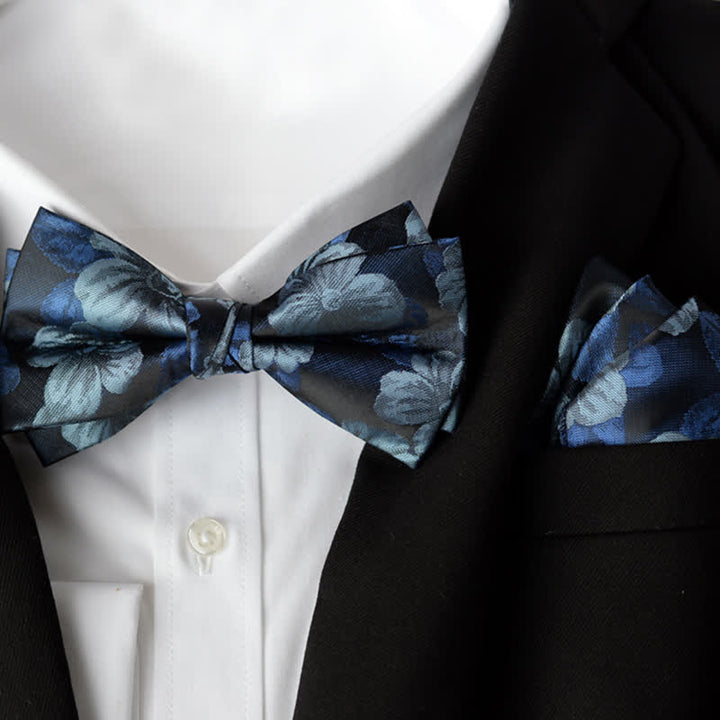Set di 2 papillon a doppio strato con fazzoletto da taschino elegante da uomo con motivo floreale