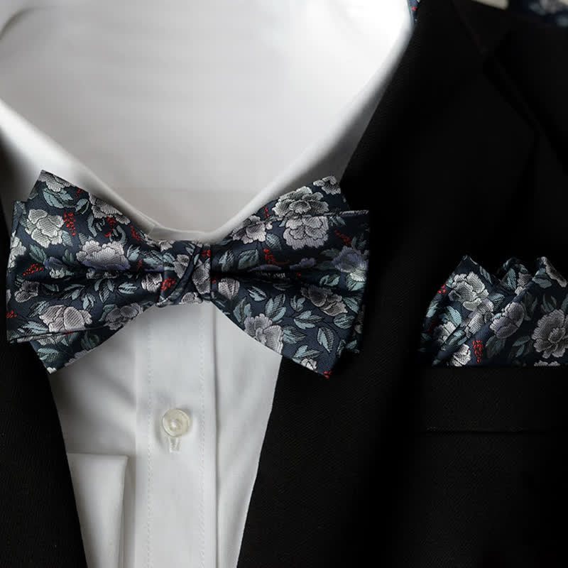 Set di 2 papillon a doppio strato con fazzoletto da taschino elegante da uomo con motivo floreale