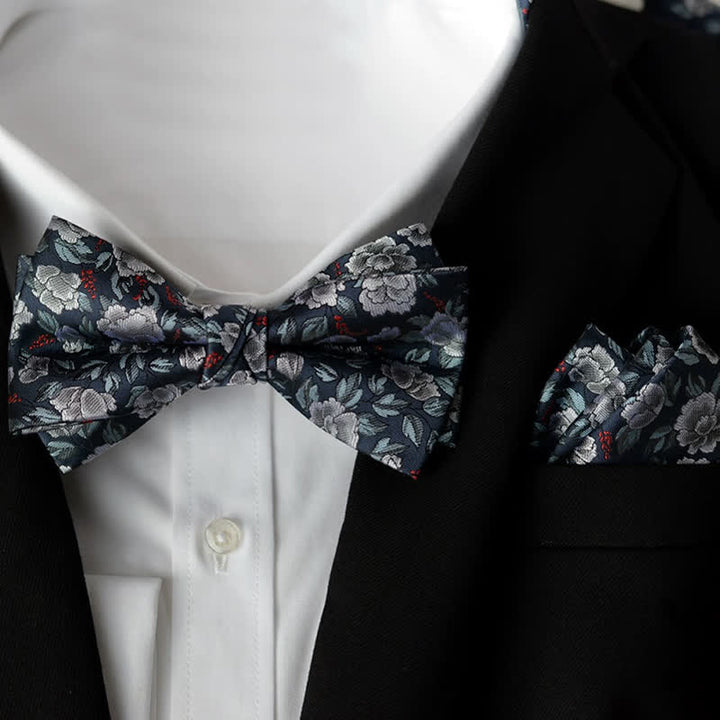 Set di 2 papillon a doppio strato con fazzoletto da taschino elegante da uomo con motivo floreale