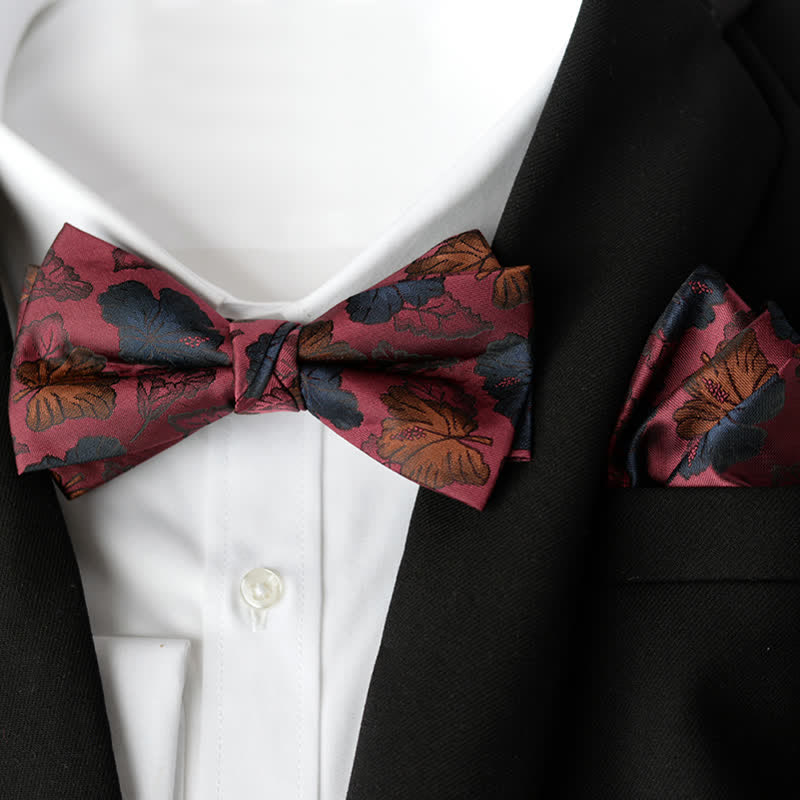 Set di 2 papillon a doppio strato con fazzoletto da taschino elegante da uomo con motivo floreale
