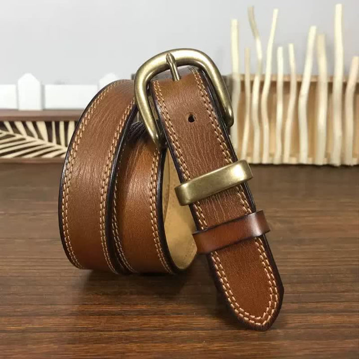 Cintura stretta in pelle con fibbia in ottone e doppia cucitura da donna