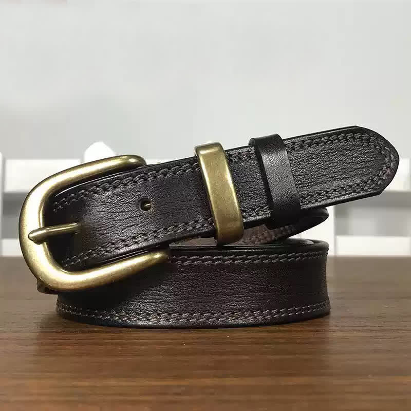 Cintura stretta in pelle con fibbia in ottone e doppia cucitura da donna