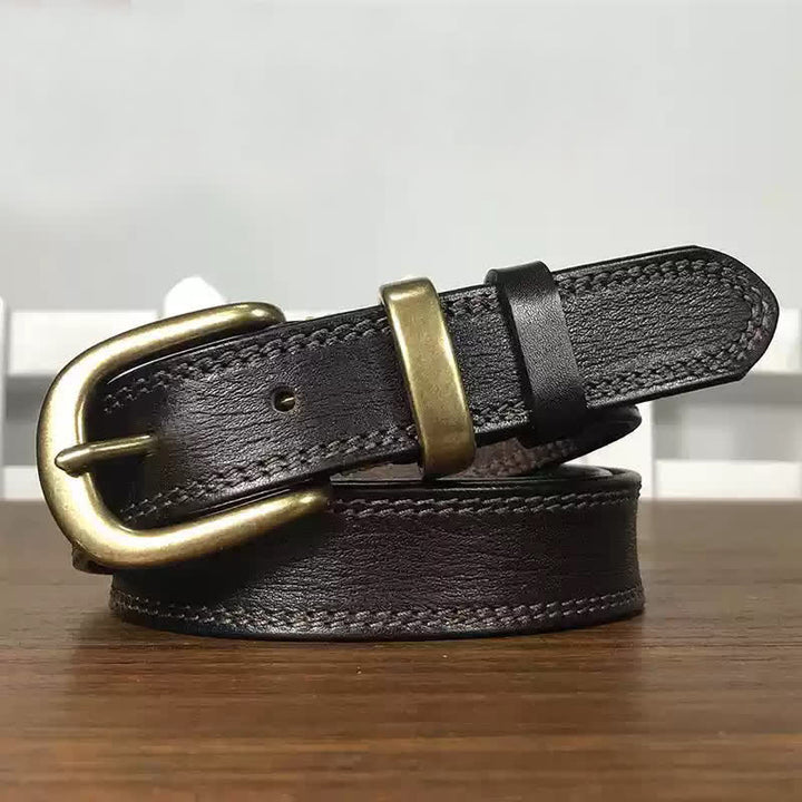 Cintura stretta in pelle con fibbia in ottone e doppia cucitura da donna