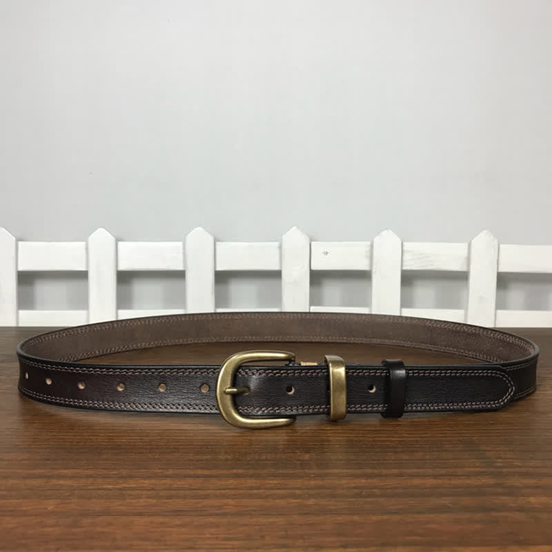 Cintura stretta in pelle con fibbia in ottone e doppia cucitura da donna