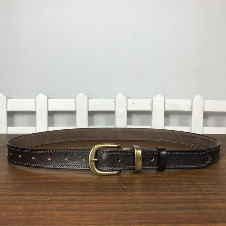 Cintura stretta in pelle con fibbia in ottone e doppia cucitura da donna