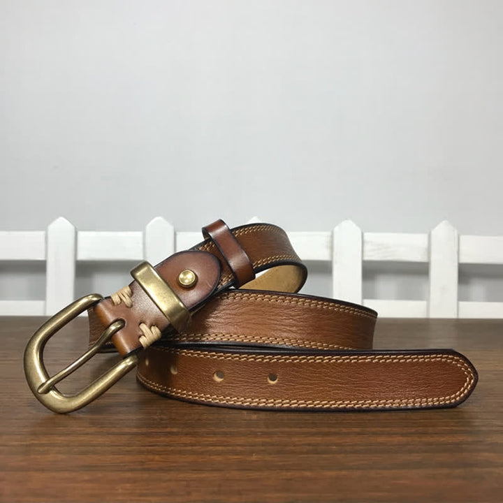 Cintura stretta in pelle con fibbia in ottone e doppia cucitura da donna