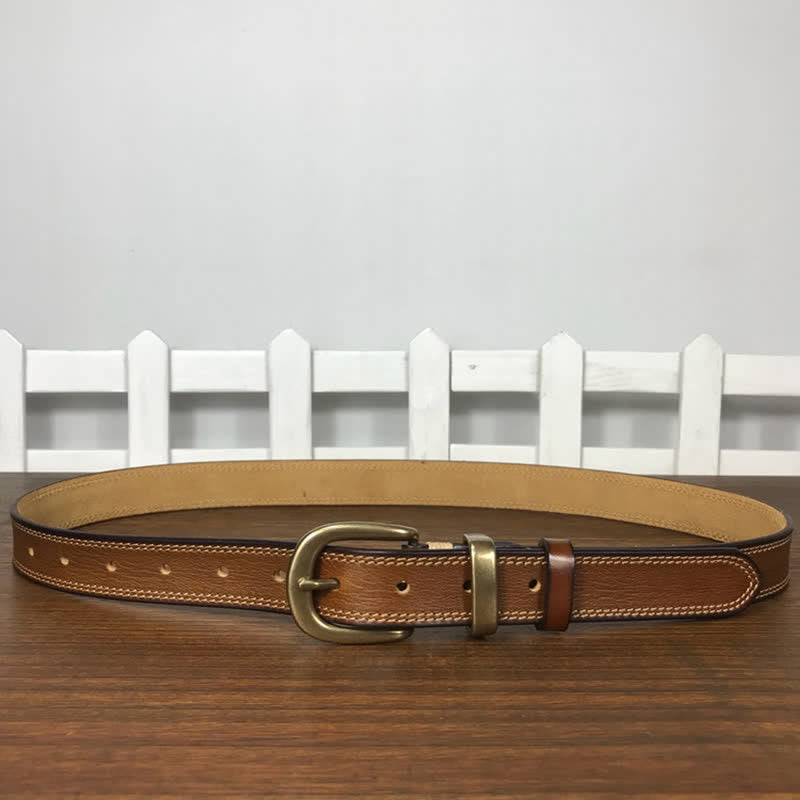 Cintura stretta in pelle con fibbia in ottone e doppia cucitura da donna