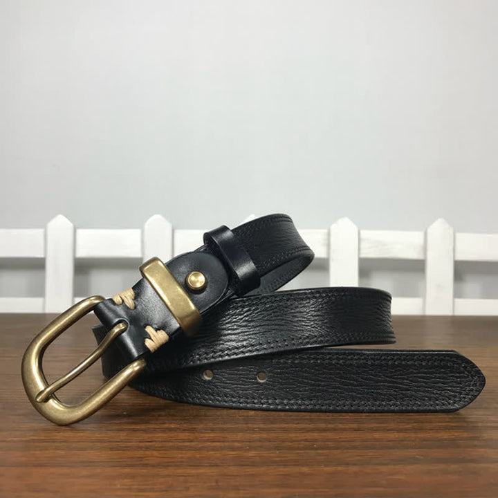 Cintura stretta in pelle con fibbia in ottone e doppia cucitura da donna