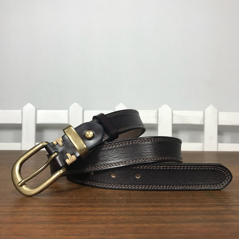 Cintura stretta in pelle con fibbia in ottone e doppia cucitura da donna