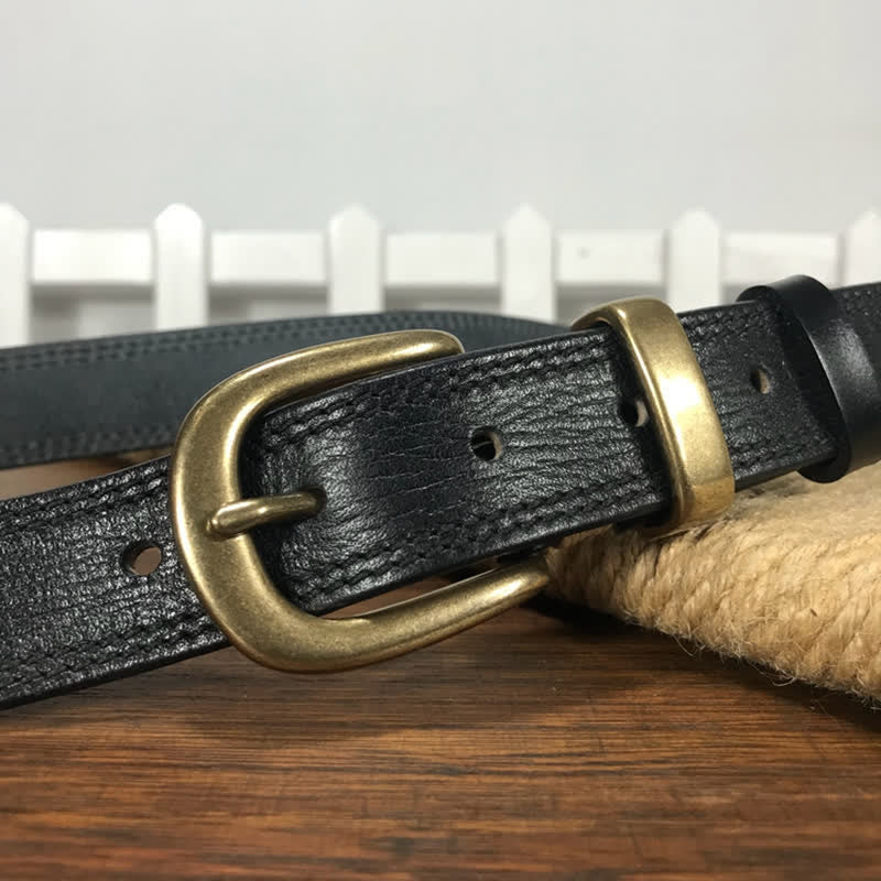 Cintura stretta in pelle con fibbia in ottone e doppia cucitura da donna