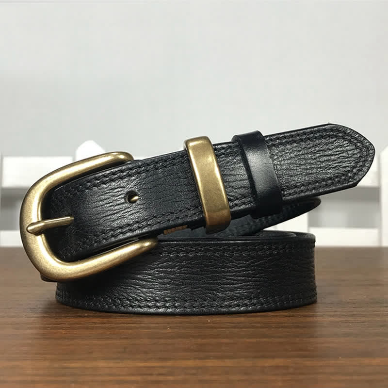 Cintura stretta in pelle con fibbia in ottone e doppia cucitura da donna