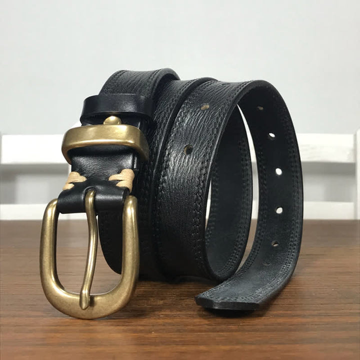 Cintura stretta in pelle con fibbia in ottone e doppia cucitura da donna