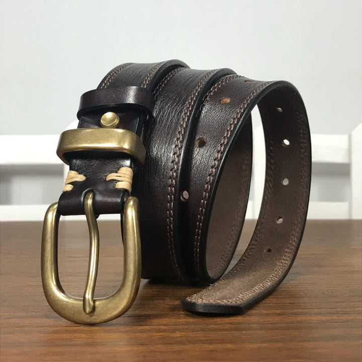 Cintura stretta in pelle con fibbia in ottone e doppia cucitura da donna