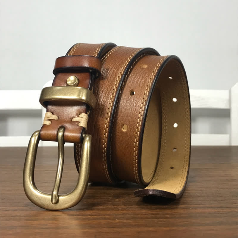 Cintura stretta in pelle con fibbia in ottone e doppia cucitura da donna