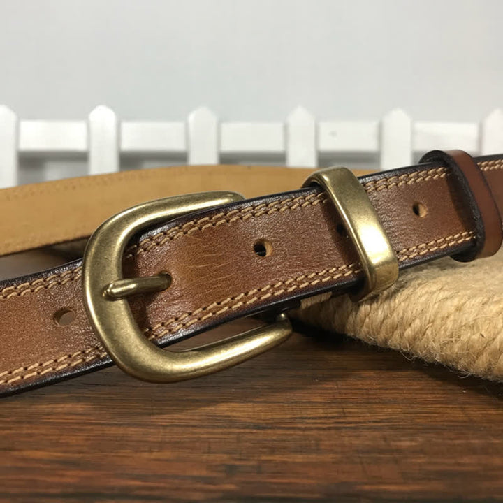 Cintura stretta in pelle con fibbia in ottone e doppia cucitura da donna