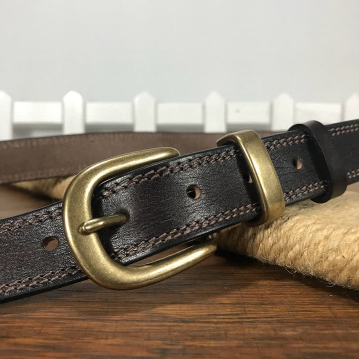 Cintura stretta in pelle con fibbia in ottone e doppia cucitura da donna