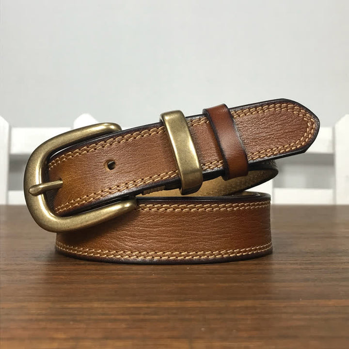Cintura stretta in pelle con fibbia in ottone e doppia cucitura da donna