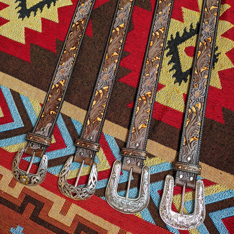 Cintura in pelle con fibbia a fiore intagliata marrone e giallo occidentale - image 0