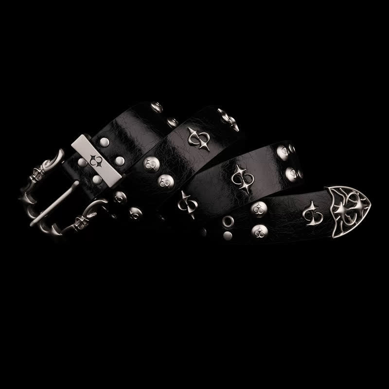 Cintura in pelle nera da motociclista con design punk silver rivets