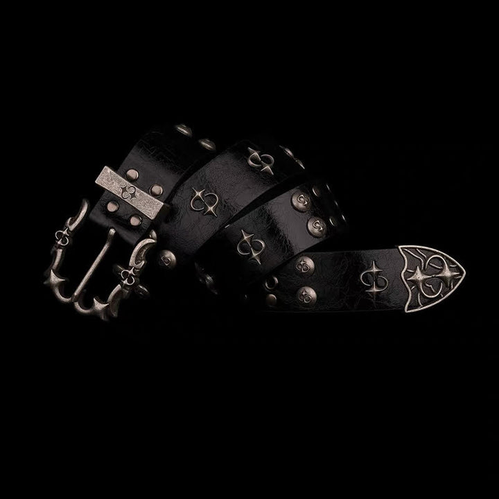 Cintura in pelle nera da motociclista con design punk silver rivets