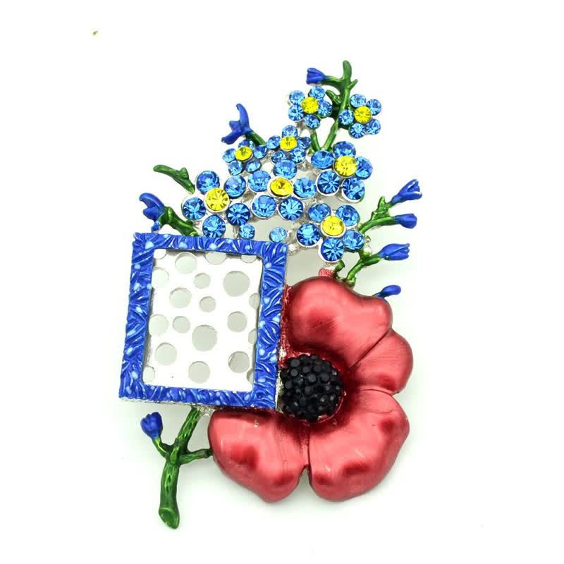 Spilla a forma di fiore di papavero con strass e cornice per foto - Rosso e blu - image 0