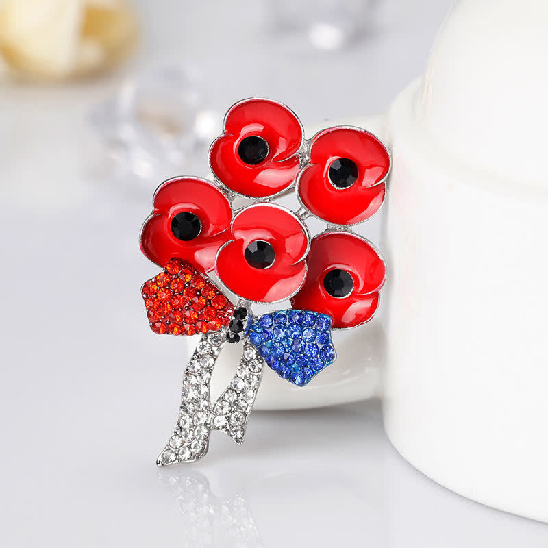 Spilla a forma di fiore con fiocco e strass a forma di cinque papaveri rossi