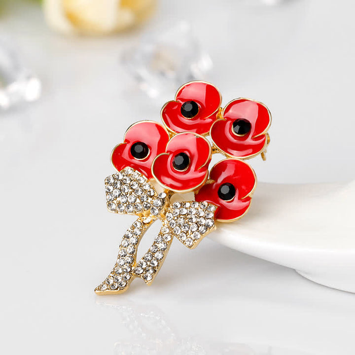 Spilla a forma di fiore con fiocco e strass a forma di cinque papaveri rossi