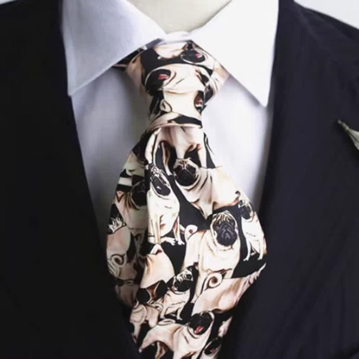 Cravatta da uomo nera e beige con stampa "A Bunch Of Pugs"