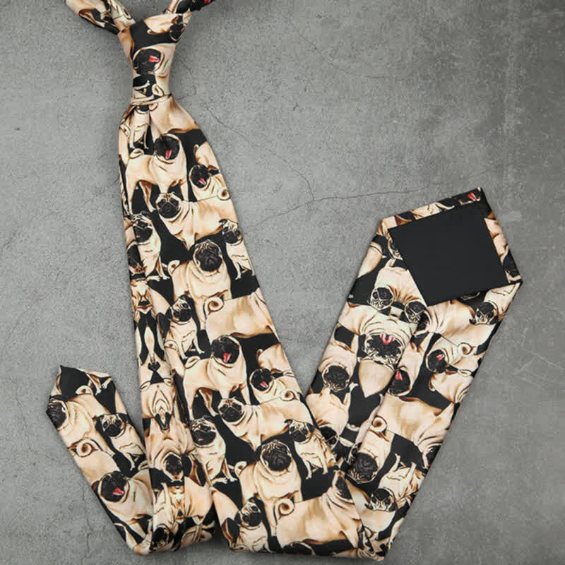 Cravatta da uomo nera e beige con stampa "A Bunch Of Pugs"
