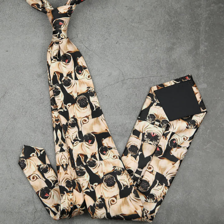 Cravatta da uomo nera e beige con stampa "A Bunch Of Pugs"